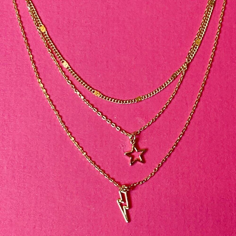 Stars & Lightning Triple-Layer Charm Necklace – Gold